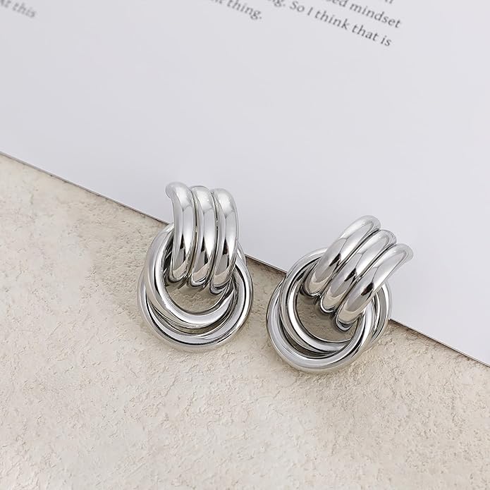 Chunky Gold Knot Earrings for Women, Gold Silver Statement Geometric Drop Dangle Long Link Earrings Trendy Dupes Jewelry