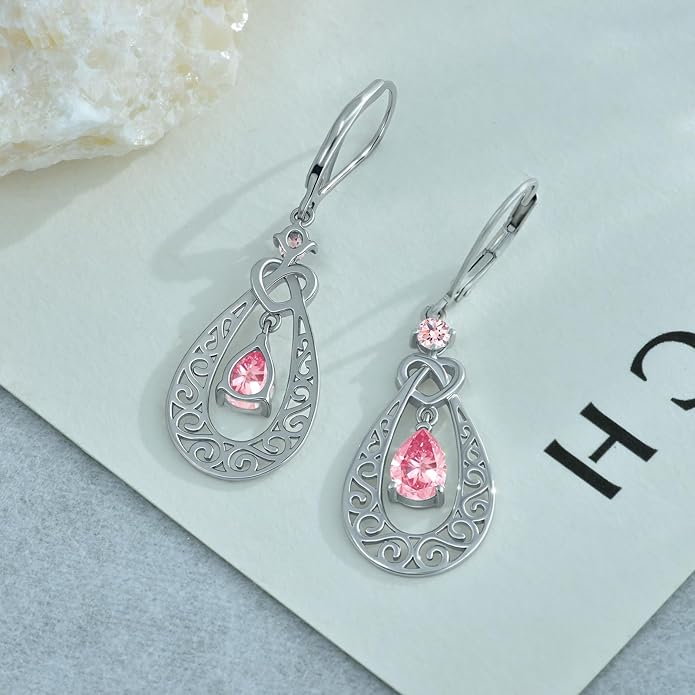 Teardrop Birthstone Dangle Drop Earrings Sterling Silver Infinity Filigree Leverback Earrings, Infinity Love Birthday Anniversary Valentines Day Gifts for Her Women Mom Wife