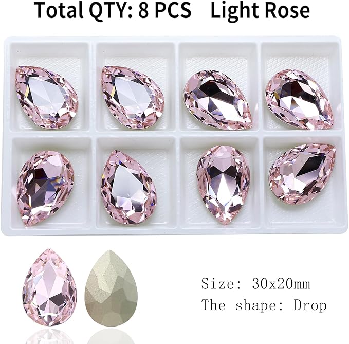8Pcs Teardrop Crystal Pointback Rhinestones,30 * 20mm Large Glass Rhinestones Gem Stones for Crafts Dress Shoes Jewelry Making，Pink