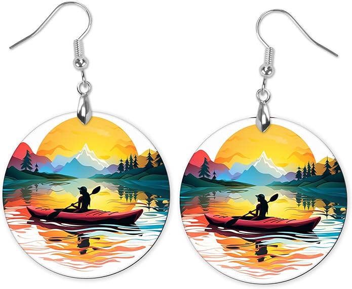 Round Wood Earrings Light Weight Printed Image Dangle Jewelry