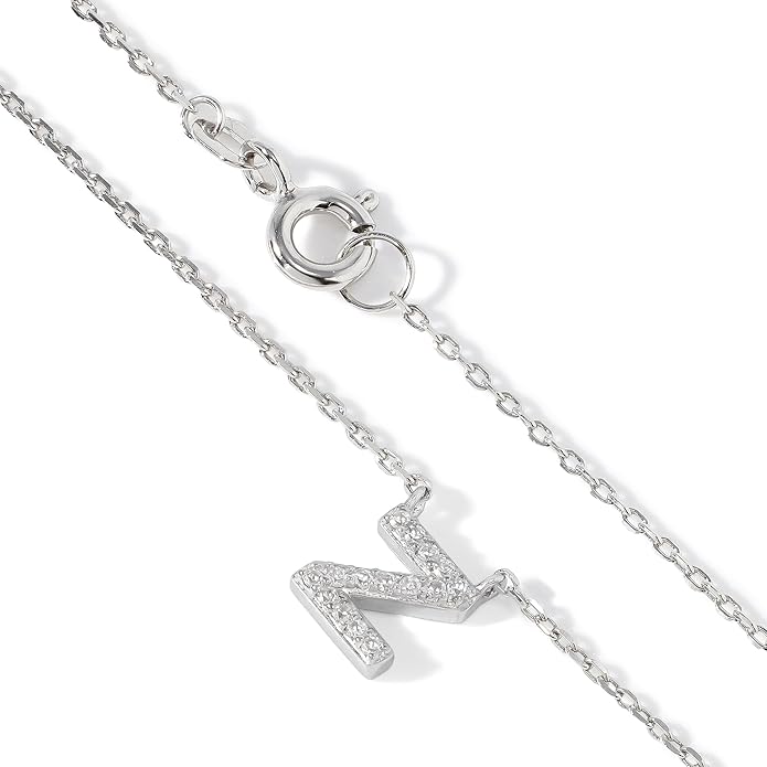 JTV Sterling Silver Initial Necklace for Women, 0.13 CTW White Cubic Zirconia Letter Pendant, Rhodium-Plated, Personalized Monogram Jewelry, Gift Box Included, 18”
