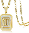 Initial Letter Pendant Necklace for Men Women, 14K Gold Square Monogram Alphabet Necklace with Figaro Chain, Valentines Day Birthday Gifts for Him Her