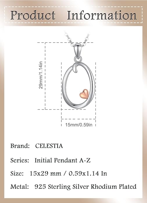 CELESTIA 925 Sterling Silver Initial Necklaces 26 Letter with Rose Gold Heart - 18 Inch Chain