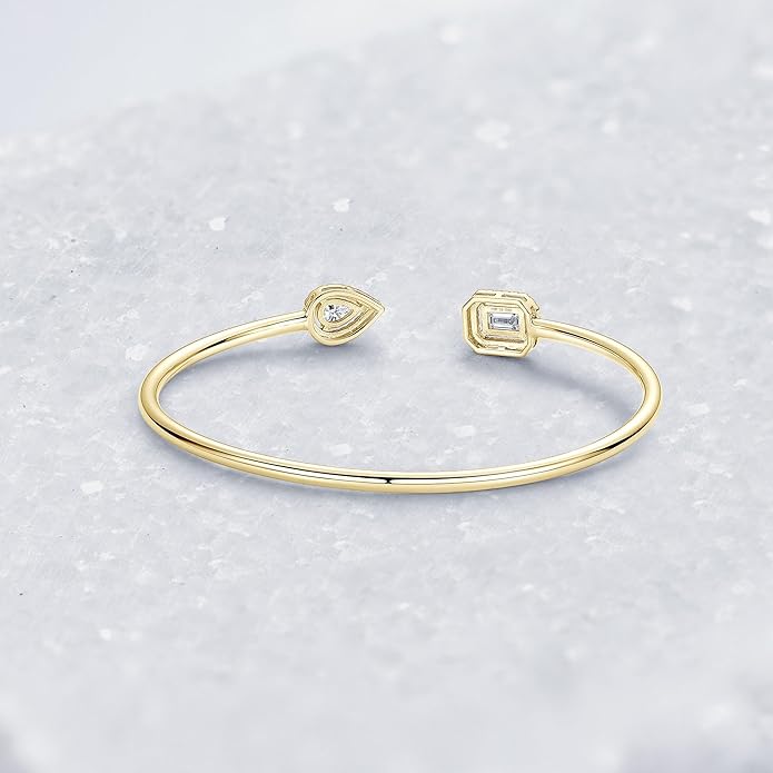 Moissanite Cuff Bangle for Women, D Color 4x6mm Emerald & Pear Moissanite, 925 Sterling Silver Dainty Bridal Cuff Bracelet, Fashion Wedding Jewelry for Her (Gold)