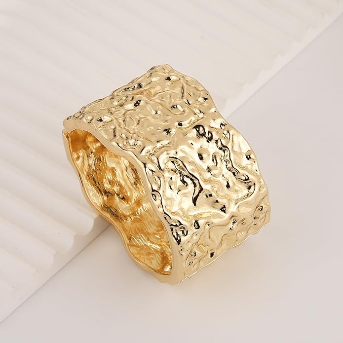 HZMAN 18K Gold Plated Wide Cuff Bracelet for Women - Premium Alloy Shiny Polished Double Layer Statement Bangle, Trendy Daily Wear Party Jewelry Accessory