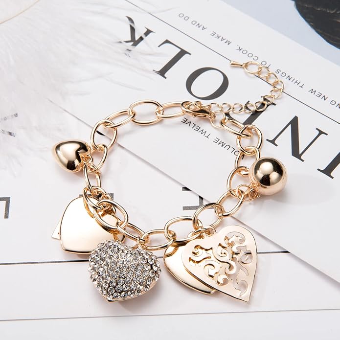 SILANER Gold Chain Link Bracelet - 7"+ 2" Extender 14K Gold Plated Love Locked Bracelets for Women, with Crystal, Love Heart,Key, Lock, Charm Bracelet