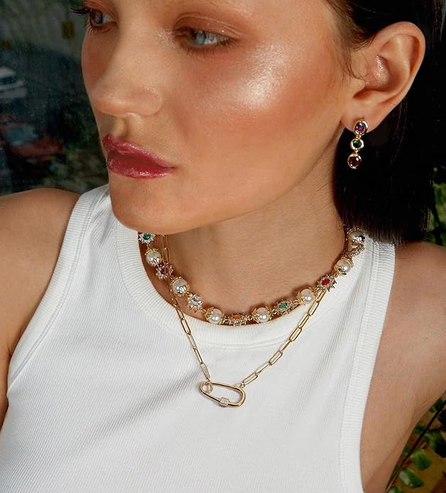 Aobei Pearl 18K Gold Plated Moon Star Lion Evil Eye Love Heart Cross Pendant Necklace Medallion Paperclip Chian Choker Layering Jewery for Women