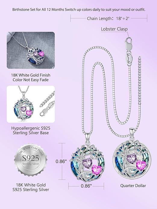 TOUPOP s925 Sterling Silver Family Celtic Tree of Life Pendant Necklaces with 2 Heart Birthstone with Blue Austrian Crystal Jewelry Birthday Valentines Day Gifts for Her, Anniversary Christmas Gifts for Wife Girlfriend Mom (18K Real White Gold Filled)