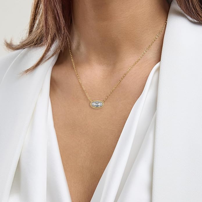 Belacqua Gemstone Necklace in 14K Gold Plated Sterling Silver, Oval Pendant Size 6 * 12mm, 15" Cable Chain with 2" Extender, Spring Ring Clasp, Dainty Birthstone Necklace for Women, Gift Box Included