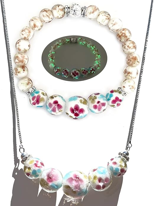 ARTSY Crafts Lily Garden Glow in the Dark Firefly Bead Bracelets Necklaces, Handmade in USA Murano Glass Jewelry, Flower Luminous Beads Mermaid Crystal Bracelet Bangle