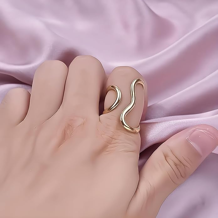 Chunky Rings For Women, Gold Silver Thumb Ring Asymmetrical Wavy Curve Ring Adjustable Non Tarnish Dainty Stainless Steel New Year Anniversary Birthday Jewelry Gift