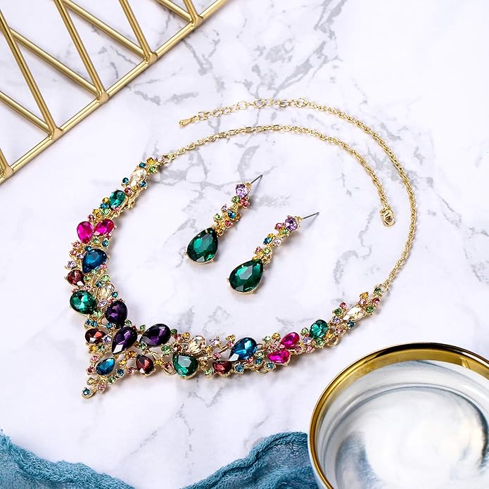BriLove Women's Wedding Bridal Austrian Crystal Teardrop Cluster Statement Necklace Dangle Earrings Jewelry Set
