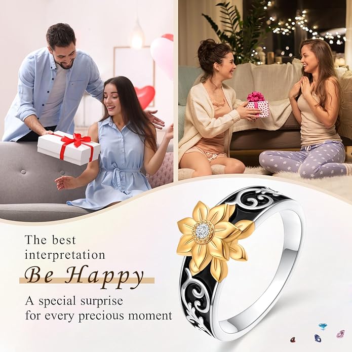 Alphm Sunflower Fidget Ring S925 Sterling Silver Spinner Ring Anxiety Stress Relieving Rotatable Valentine's Day Birthday Jewelry Gift for Women Wife Girlfriend