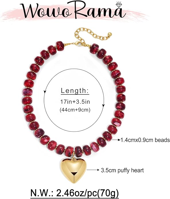 WOWORAMA Chunky Heart Necklaces for Women Colorful Resin Beaded Choker Necklace Gold Puffy Heart Statement Necklace Trendy Acrylic Choker Jewelry