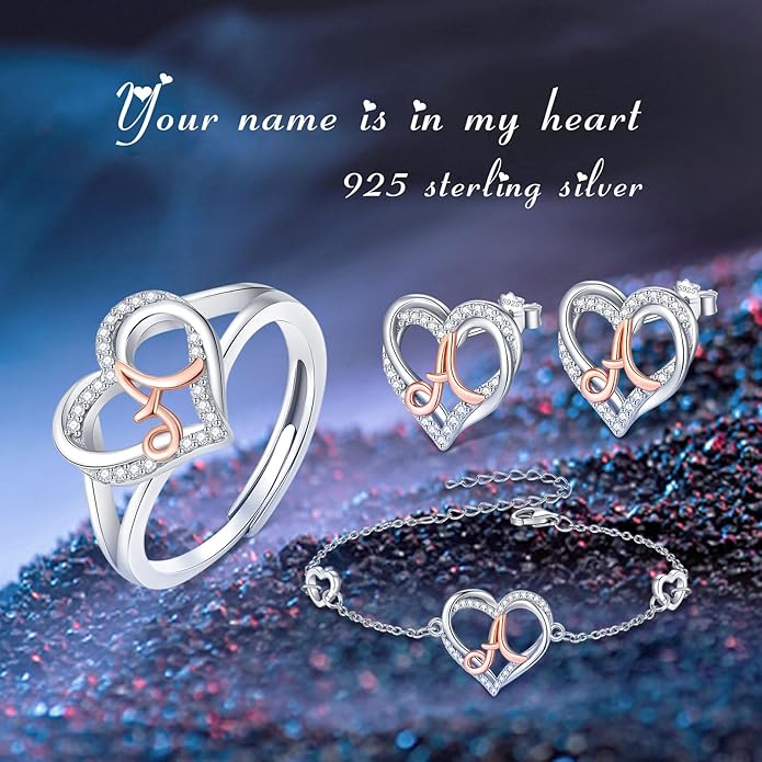 INFUSEU 925 Sterling Silver Initial Heart Ring for Women Girls, Adjustable Size