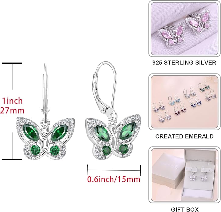 Starchenie Butterfly Earrings for Women 925 Sterling Silver Leverback Earrings Birthstone Butterfly Jewelry Gifts