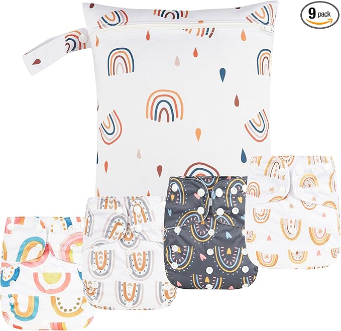 HappyFlute 9 Sets Newborn Baby Cloth Pocket Diapers Adjustable Reusable for Baby Boys and Girls(6-33 pounds,0-3 Years),One Wet Bag+4Diapers and 4Inserts (AD06)