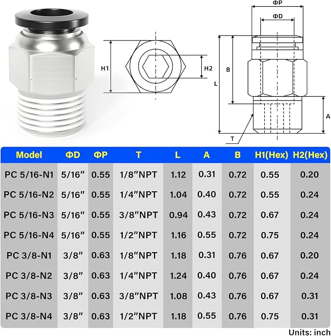 TAILONZ PNEUMATIC Male Straight 5/16 Inch Tube OD x 3/8 Inch NPT Thread Push to - Image 2