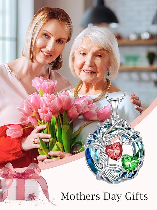 TOUPOP s925 Sterling Silver Family Celtic Tree of Life Pendant Necklaces with 2 Heart Birthstone with Blue Austrian Crystal Jewelry Birthday Valentines Day Gifts for Her, Anniversary Christmas Gifts for Wife Girlfriend Mom (18K Real White Gold Filled)