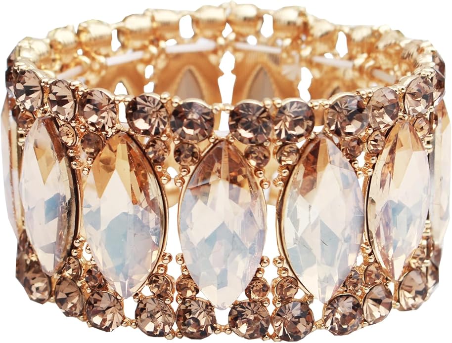 Women’s Elegant Wedding Bridal Crystal Double Row Marquise-Shape Leaf Stretch Bangle Bracelet Bride Jewelry for Women