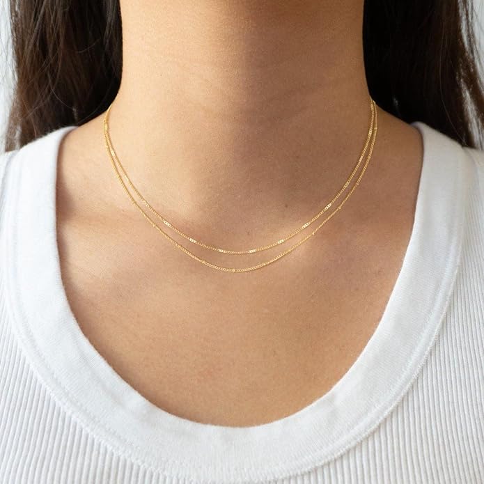 CHESKY 14k Gold Plated/Silver Plated Dainty Necklace for Women, Trendy Satellite Choker Necklace Thin Beaded Layered Choker Necklaces Discs Paperclip Chain Necklaces Womens Simple Jewelry