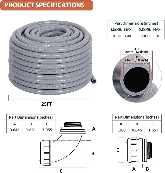 3/4 inch Flexible Liquid-Tight Conduit Kit 25ft, UL Listed | Non-Metallic - Image 2