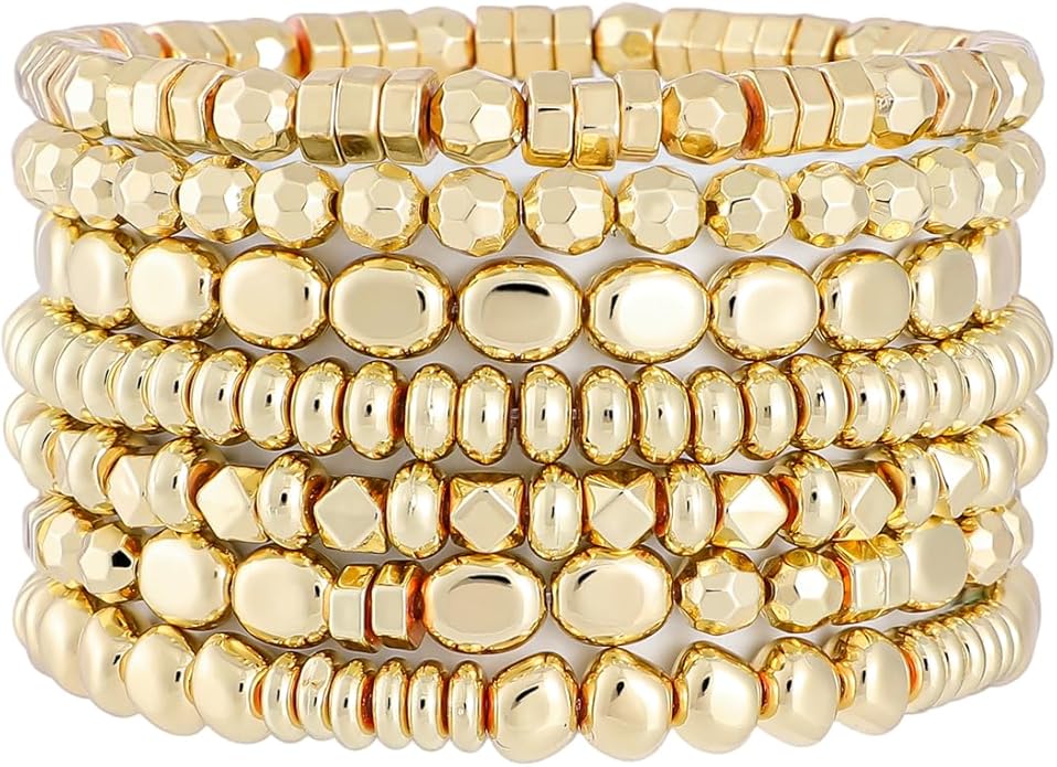 Gold Plated Beaded Bracelets for Women Trendy, 14K Gold Plated Stack Cross Pearl Gold Plated Bead Stretch Bracelets Set Elastic Hypoallergenic Bracelets Jewelry Gifts