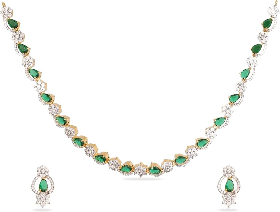 TARINIKA Green and White Cubic Zirconia(CZ) Indian Necklace Set with Earrings, Gold Plated Brass Fashion Indian Jewelry Gift for Women Bollywood Costume Jewellery