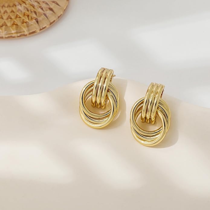 Trendy Gold Plated Knot Earrings for Women Chunky Statement Drop Dangle Earrings Lightweight Hypoallergenic Fashion Accessories Gold Jewelry Gifts for Womens