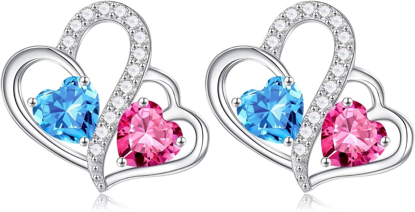 Iefil Valentines Day Gifts for Her - Birthstone Earrings Gift for Women, 925 Sterling Silver Double Heart Birthstone Earrings | Anniversary Birthday Gifts for Women, Personalized Jewelry for Wife Mom