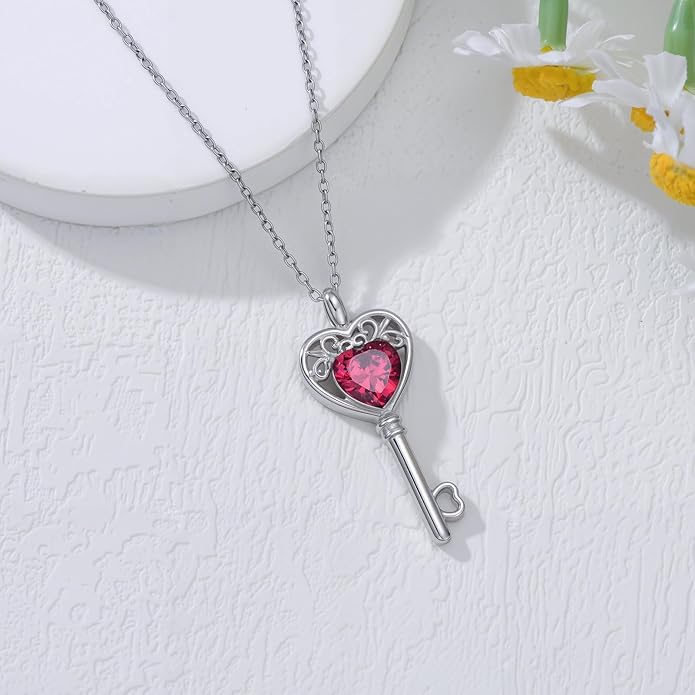 WSX Heart Key Birthstone Necklace for Women 925 Sterling Silver Love Key Pendant with Birthstone Valentine's Day Anniversary Jewelry Gift for Her