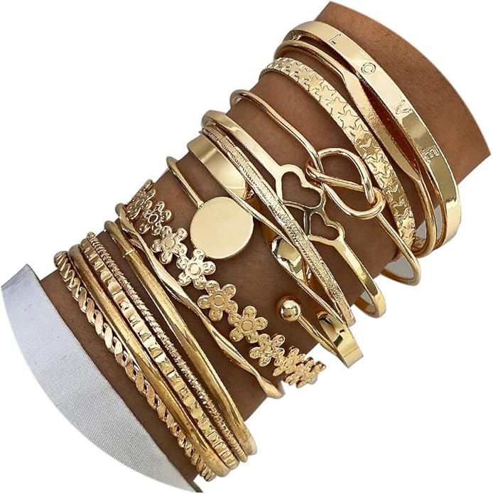 17IF Gold Bangle Bracelet For Women, 14k Multilayer Charm Textured Stackable Bracelets Boho Indian Chunky Cuff Fashion Jewelry Gift