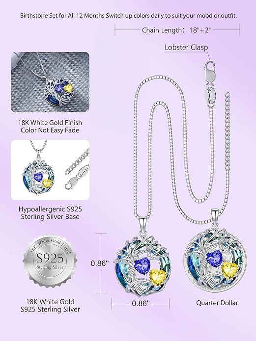 TOUPOP s925 Sterling Silver Family Celtic Tree of Life Pendant Necklaces with 2 Heart Birthstone with Blue Austrian Crystal Jewelry Birthday Valentines Day Gifts for Her, Anniversary Christmas Gifts for Wife Girlfriend Mom (18K Real White Gold Filled)