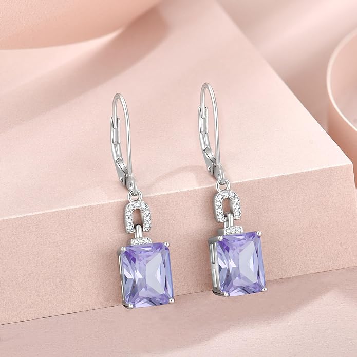 Emerald Cut Earrings 925 Sterling Silver Baguette Birthstone Dangle Drop Leverback Earrings Jewelry Gifts for Women