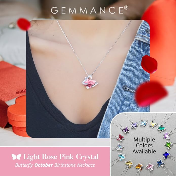 Valentine's Day Gift Butterfly Birthstone Crystal Necklace, Silver Tone with 18”+2” Chain, Necklace for Mother’s Day Anniversary Birthday Gifts for Women and Daughter