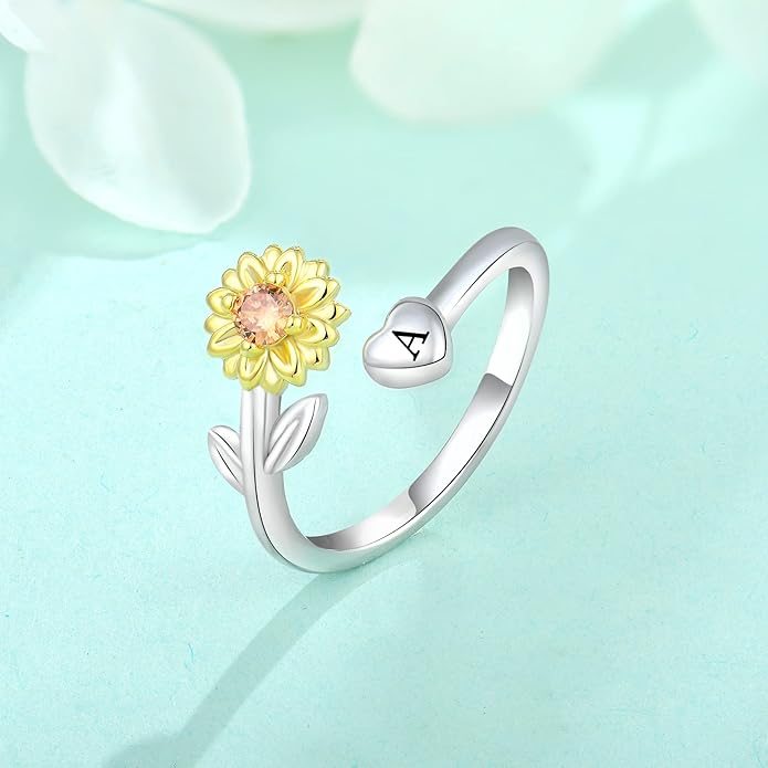 STARCHENIE Sunflower Initial Ring for Women 925 Sterling Silver Letters A-Z 26 Alphabet Adjustable Ring Size 7