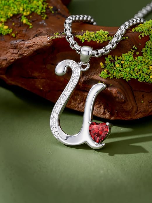 Valentines Day Gifts for Women Alphabet A to Z Initial Birthstone Pendant Necklaces for Women - 18k White Gold Plated Personalized Name Jewelry Valentine Mothers Day Birthday Gifts for Women Her Girlfriend