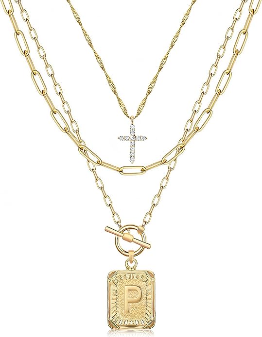 MJartoria Layered Initial Necklaces for Women Trendy, 14K Gold Plated Brass Simple Dainty Cross Choker Square Letter Pendant Necklace, Paperclip Chain Necklaces Jewelry