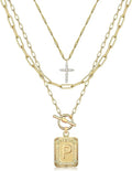 MJartoria Layered Initial Necklaces for Women Trendy, 14K Gold Plated Brass Simple Dainty Cross Choker Square Letter Pendant Necklace, Paperclip Chain Necklaces Jewelry