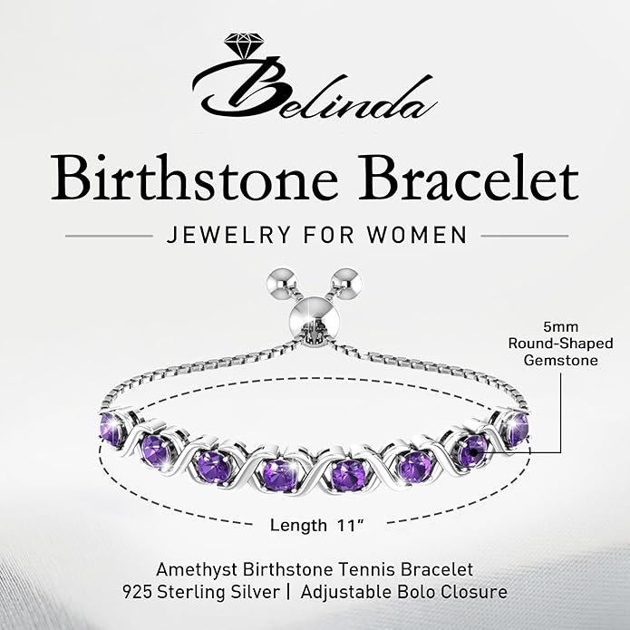 Birthstone Bangle Bracelet for Women Classic Beautiful 925 Sterling Silver Sparkling Gemstone XO Bolo Tennis Bracelet Fine Wrist Jewelry 4.2 Ct, 11"