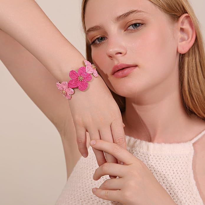 Raffia Flower Cuff Bracelet for Women, Floral Chunky Bangle Wide Open Cuff Statement Bracelet