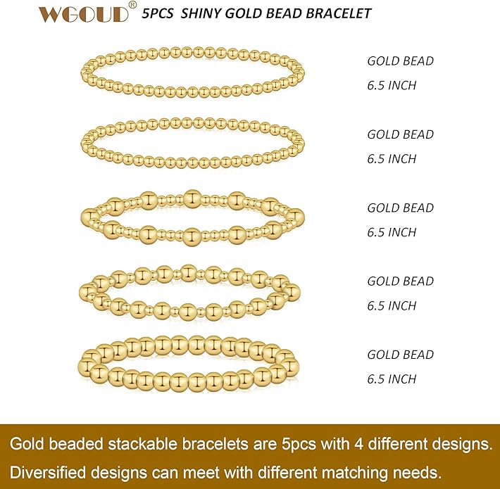 wgoud Gold Bracelets for Women - Trendy 14K Real Gold Plated Beaded Bracelet Set with Stretch Beads, Waterproof, Adjustable, Perfect Gifts
