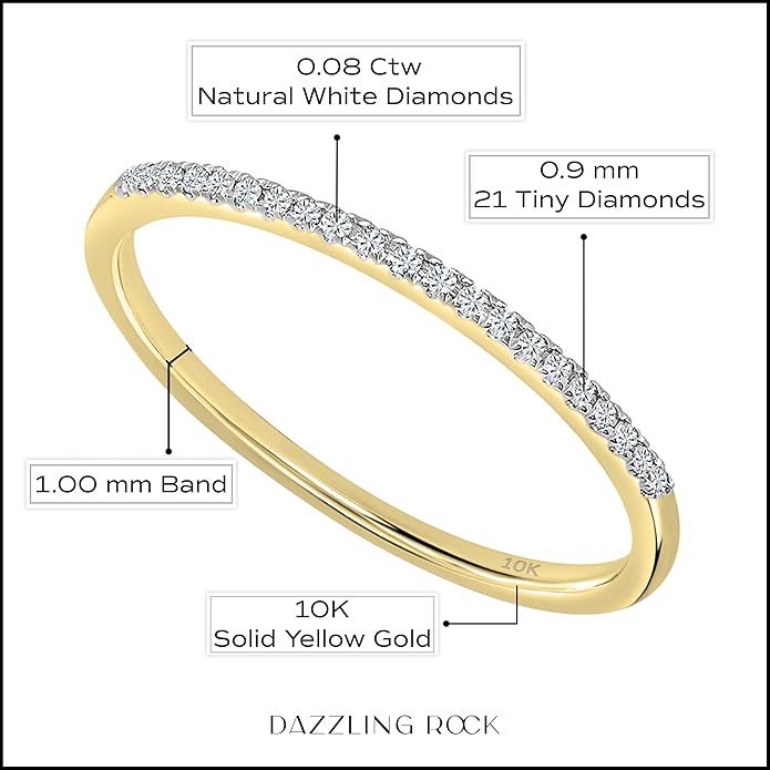 Dazzlingrock Collection Valentine's Day Gift 0.08 Ctw Womens Diamond Wedding Band, Real Natural Round White Diamond Minimalist Thin Stackable Ring for Her in 10K Solid Gold
