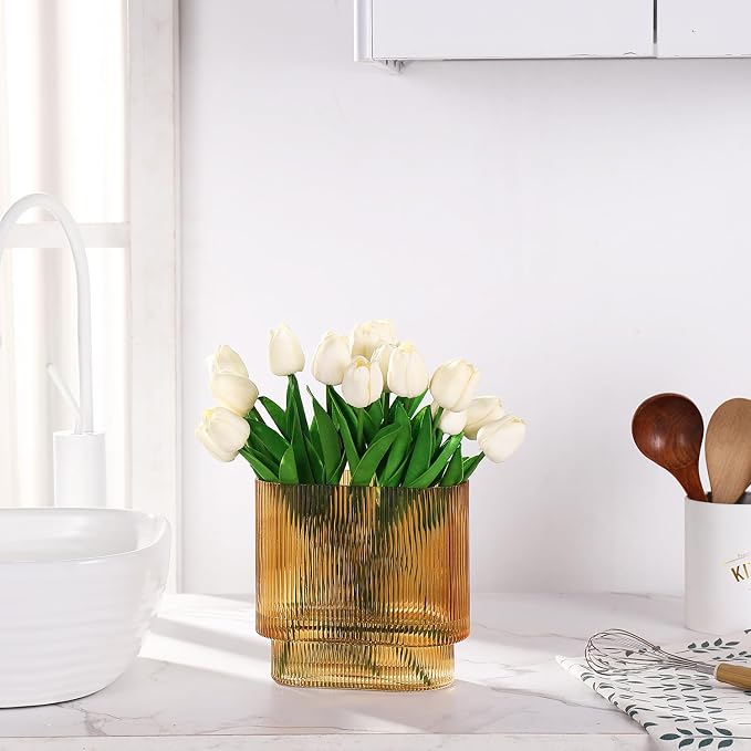 Ribbed Glass Vase, Amber Glass Vase, Fluted Short Vases - Image 2