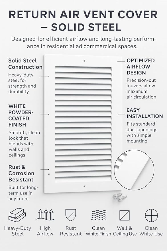 10 x 18 Inch Return Air Vent Cover, Solid Steel HVAC Grille - Image 3