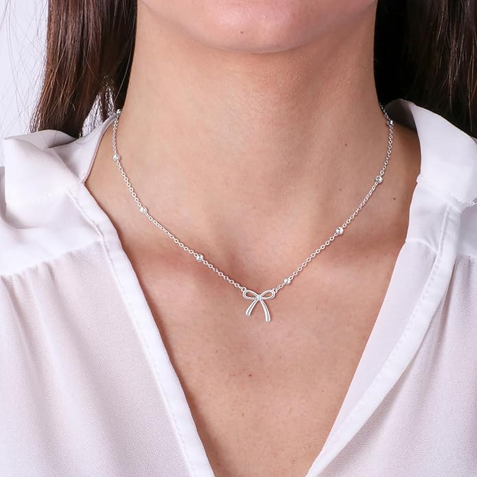 Valentines Day Gifts for Her - Dainty Bow Necklace for Women 14K Gold Plated Cute Choker Small Pendant Charm Necklaces Teen Gift Trendy Stuff Personalized Jewelry