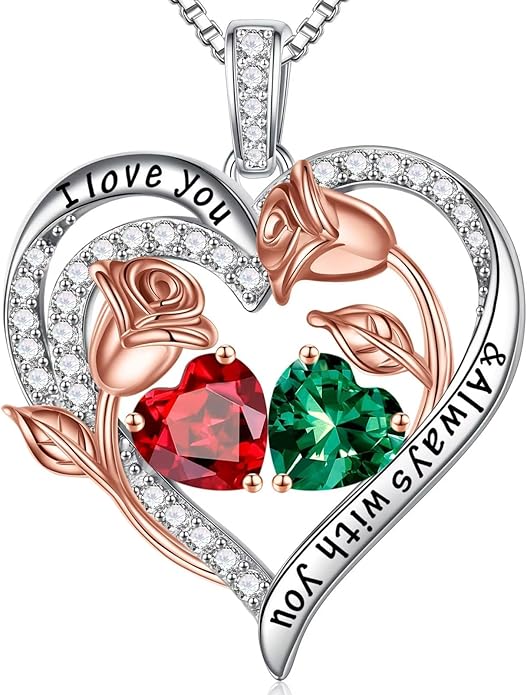 Iefil Valentines Day Gifts for Her - 925 Sterling Silver Rose Heart Birthstone Necklace Birthday Anniversary Jewelry Gifts for Her Wife Mom Daughter
