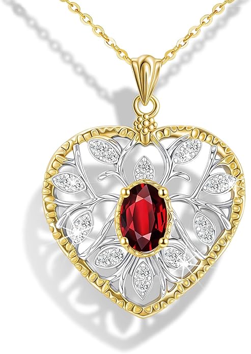 Raneecoco Natural Gemstone Necklace for Women 18K Gold Plated Sterling Silver Two-Tone Tree of Life & Love Heart Pendant Jewelry | Dainty Birthstone Gift For Her Mother Wife