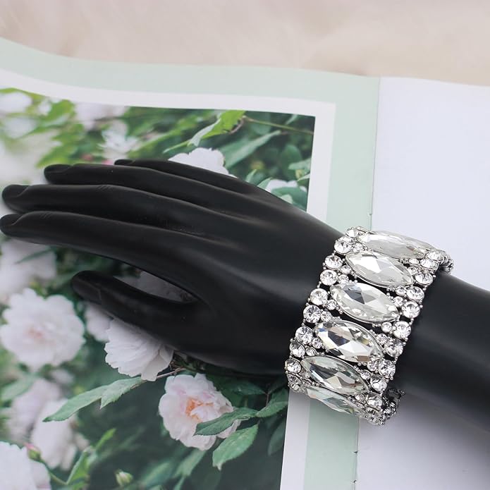 Women’s Elegant Wedding Bridal Crystal Double Row Marquise-Shape Leaf Stretch Bangle Bracelet Bride Jewelry for Women