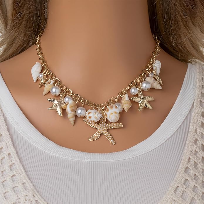 Gold Sea Shell Necklace Layered Charm Necklace for Women Boho Summer Seashell Beach Starfish Necklaces 14k Pearl Chain Surfer Jewelry Beach Vacation Essentials